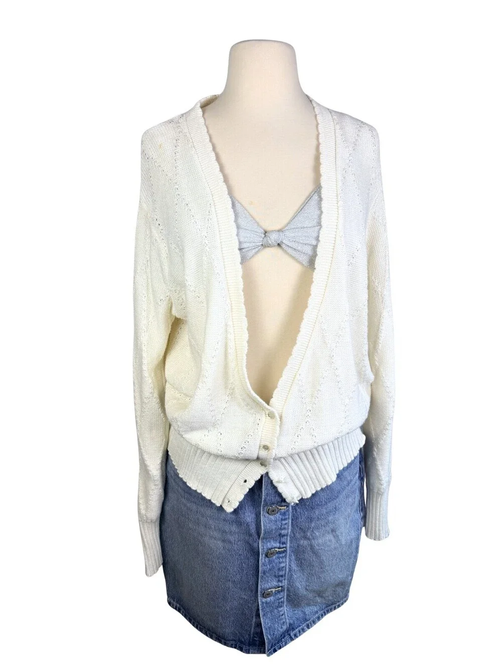 Vintage 90s White Pointelle Knit Cardigan USA Made Oversized Size M
